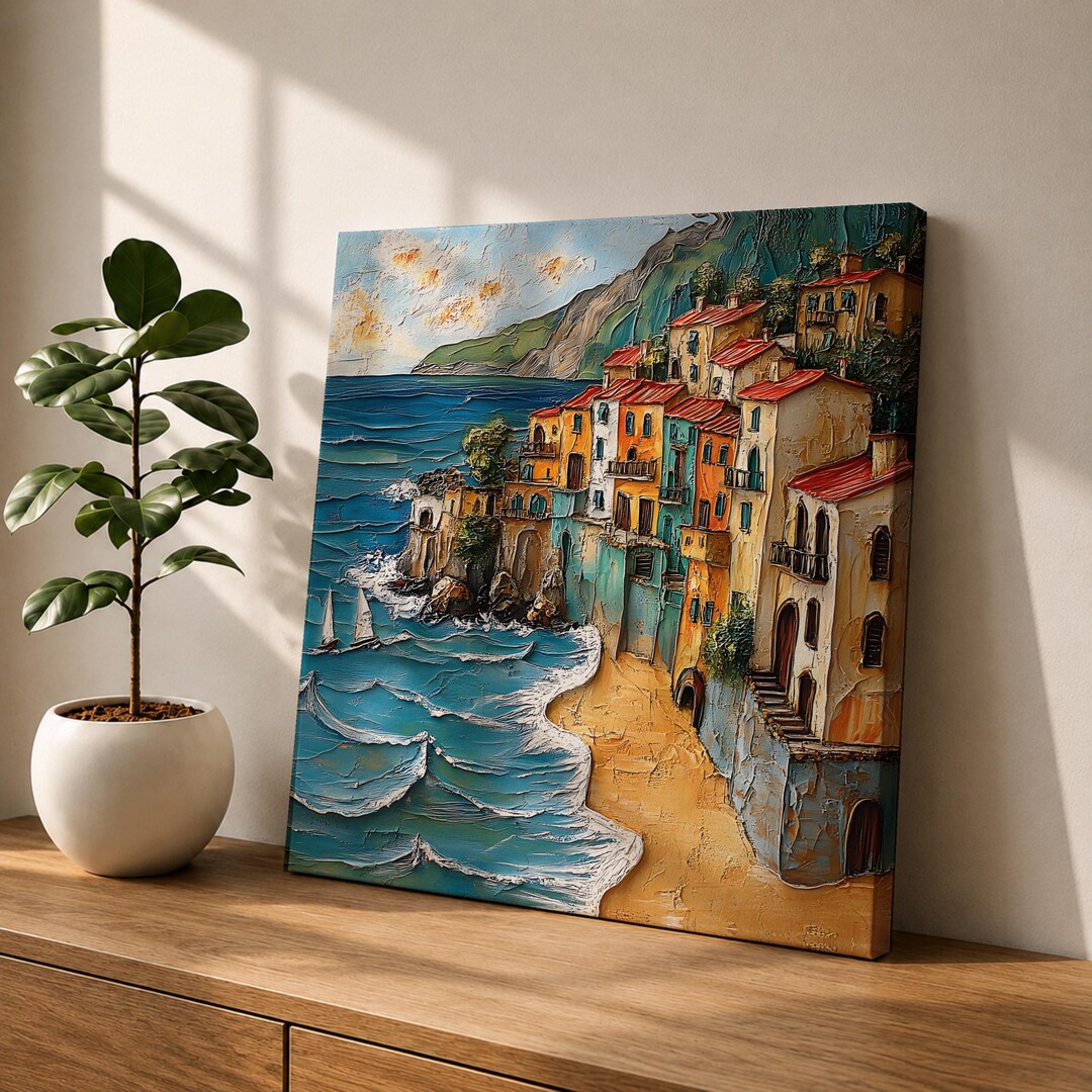 Mediterranean Coastal Village Wall Art Seaside Town Framed Canvas Beach ...