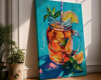 Citrus Drink Wall Art Mason Jar Framed Canvas Summer Beverage Impressionist Kitchen Decor