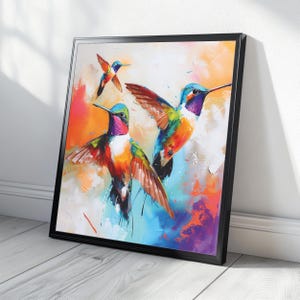 Impresión de arte de pared de colibrí colorido / Descarga digital de pájaro vibrante / Póster cuadrado de vida silvestre
