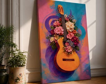 Guitar Wall Art Floral Harmony Framed Canvas Acoustic Spanish Music Garden Blooms Boho Decor