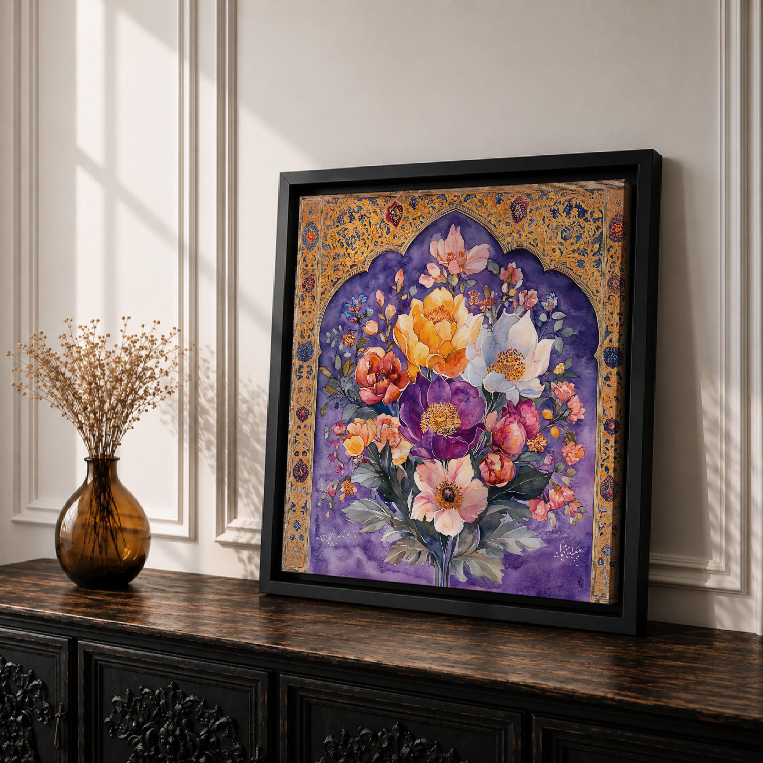 キャンバスアート　2,5D 35cm×53cm Persian Floral Wall Art Arch Bouquet Framed Canvas Gol O Morgh