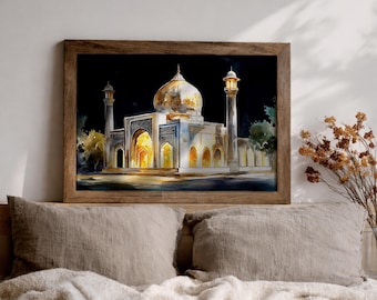 Taj Mahal Wall Art Night View Framed Canvas Mausoleum Watercolor Agra Home Decor