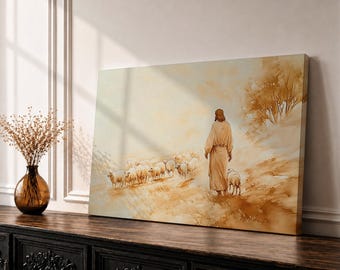 Jesus the Good Shepherd Wall Art, Christian Canvas Print, Minimalist Biblical Painting, Neutral Decor