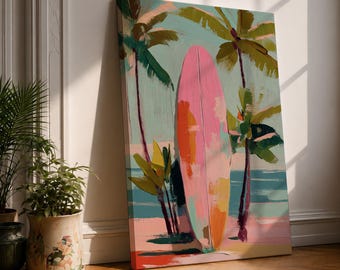 Pink Surfboard Beach Wall Art Coastal Tropical Canvas Print Palm Tree Ocean Decor