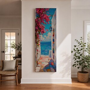 Santorini Long Narrow Vertical Wall Art Greek Island Village Gift Living Room Home Decor