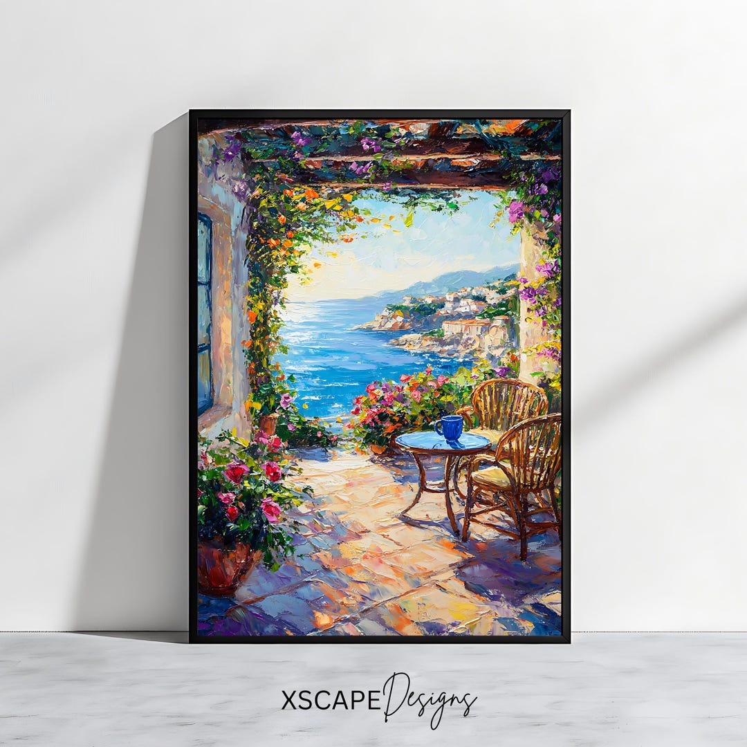 Mediterranean Patio View Wall Art Coastal Landscape Print Scenic