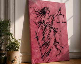 Lady Justice Canvas Print, Pink Ink Sketch Painting, Blindfolded Goddess, Feminine Lawyer Office Decor