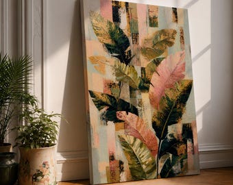 Tropical Leaves Wall Art Banana Plant Framed Canvas Gold Accents Modern Botanical Decor