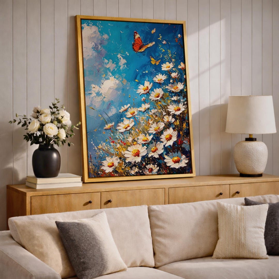 Monarch Butterfly Wall Art Daisy Flowers Framed Canvas Impasto Floral ...