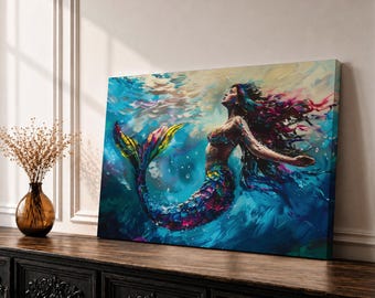 Tableau mural sirène nymphe marine sur toile encadrée, thème océanique, fantastique, mythologie, décoration côtière, nautique et marine