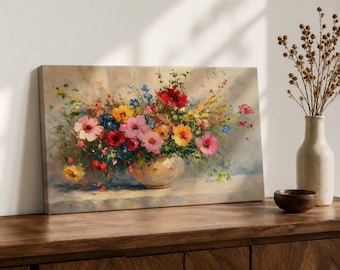 Blombukett Väggkonst Blomvas Inramad Canvastavla Botanisk Impasto Trädgård Köksdekor