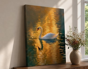 White Swan Canvas Wall Art, Golden Lake Painting, Elegant Bird Art, Romantic Nature Decor, Vintage Swan Print, Moody Landscape Wall Art