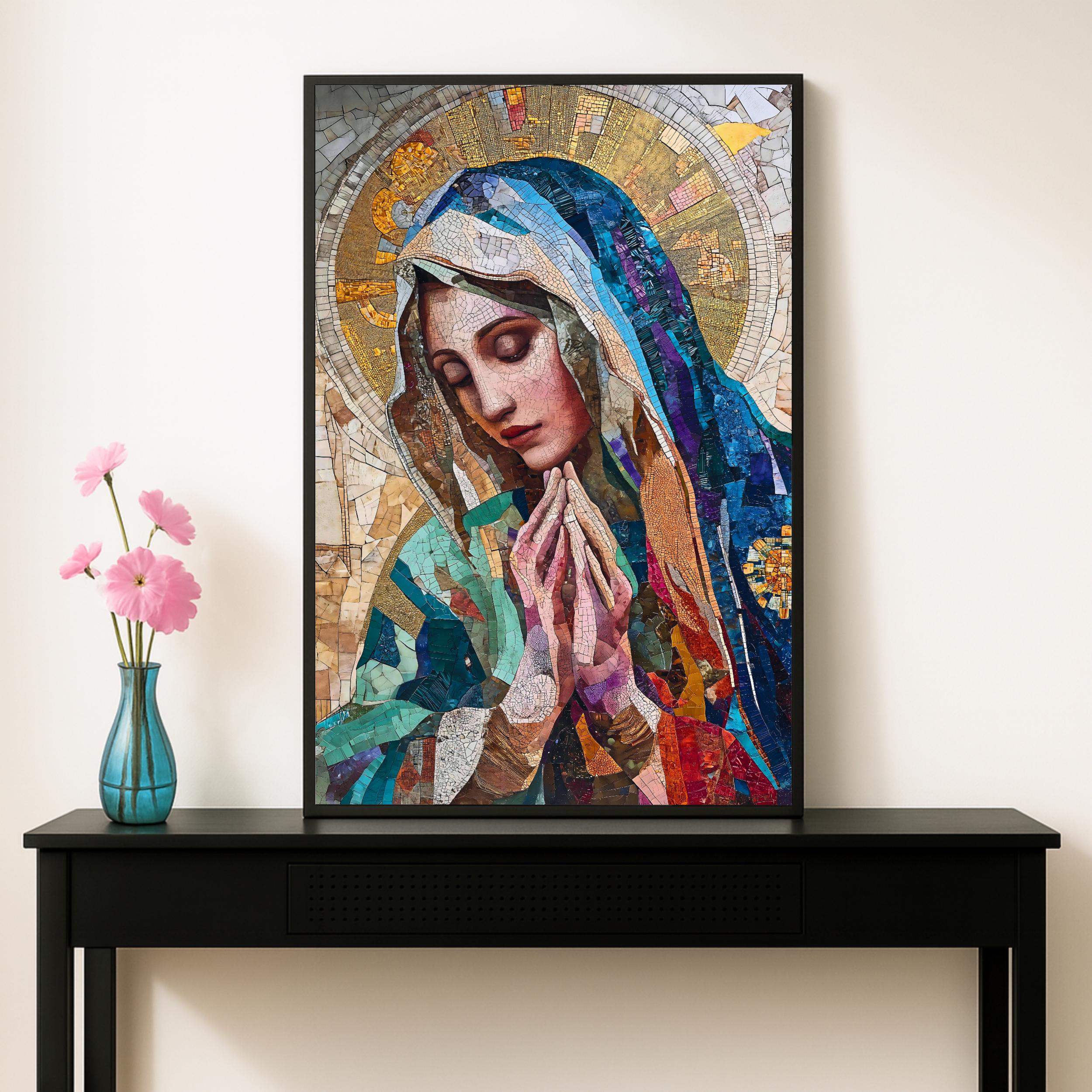 Virgin Mary Mosaic Art Print: Catholic Stained Glass Marian Decor ...