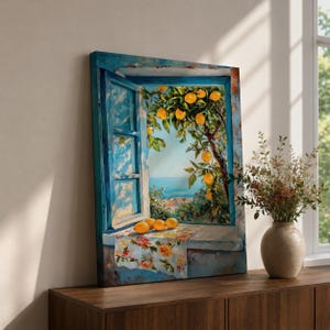 Mediterranean Orange Grove Wall Art Coastal Citrus Framed Canvas
