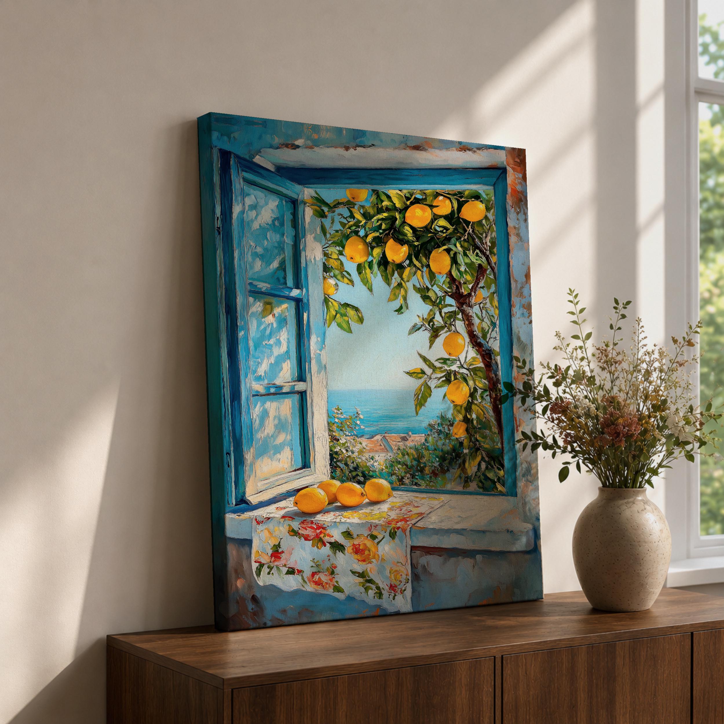 Lemon Tree Wall Art Mediterranean Window Framed Canvas Coastal