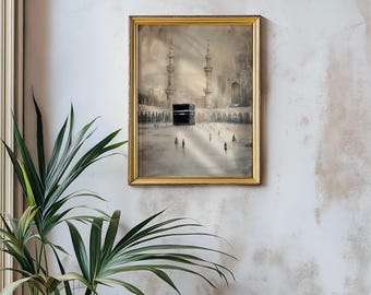 Kaaba Wall Art  Hajj Pilgrimage Framed Canvas Masjid al-Haram Mecca Neutral Vintage Islamic Decor