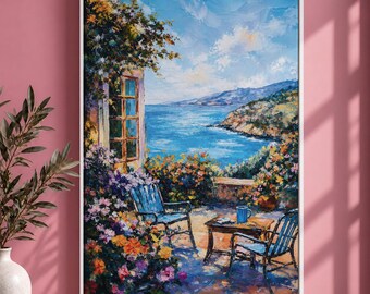 Mediterranean Sea View Canvas, Coastal Terrace Wall Art, Floral Window Landscape Painting, Ocean Decor
