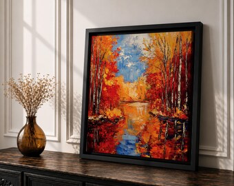 Autumn Forest Canvas Print, Fall Landscape Wall Art, Impasto Nature Painting, Rustic Decor