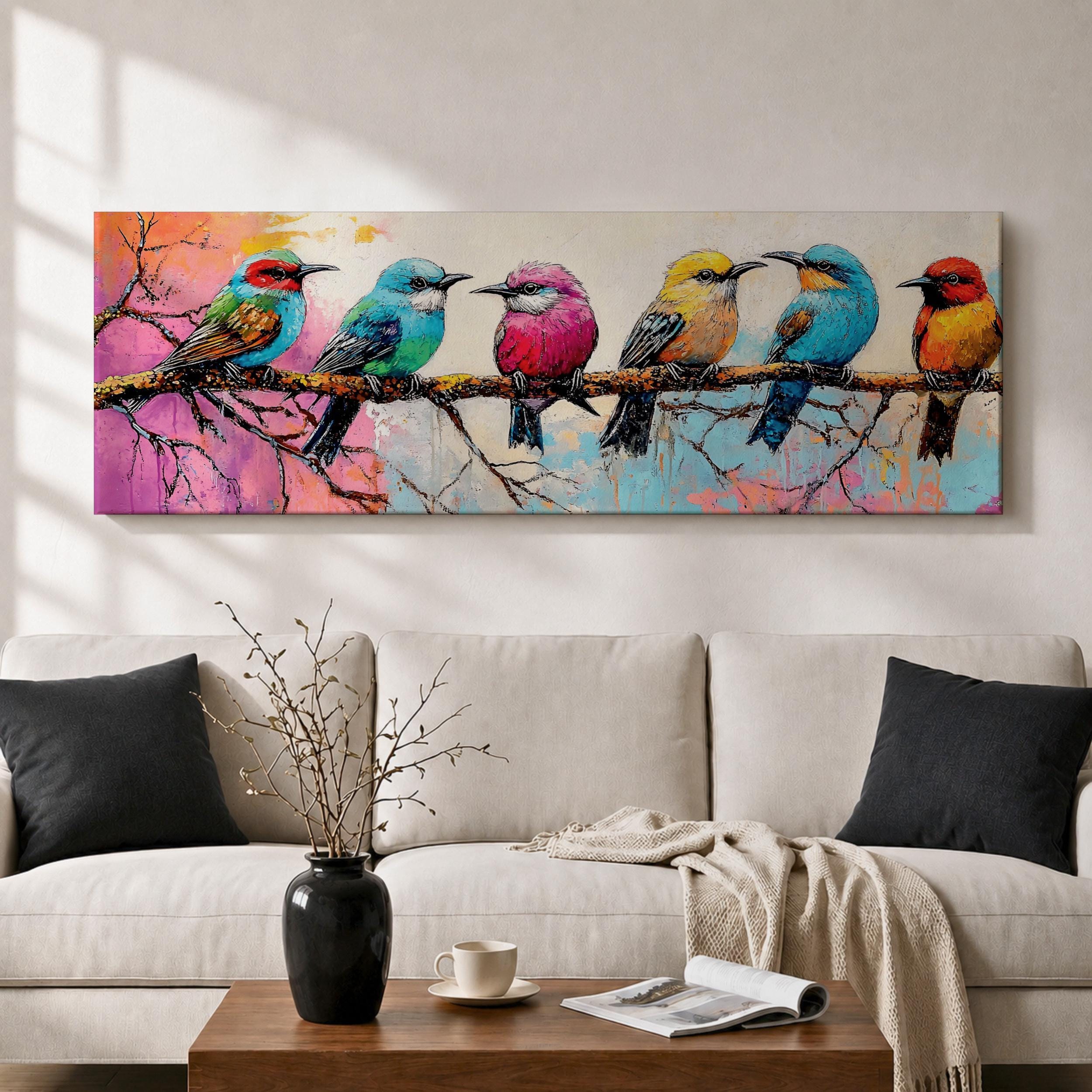 Long Horizontal Bird Wall Art, Colorful Birds Painting, Narrow
