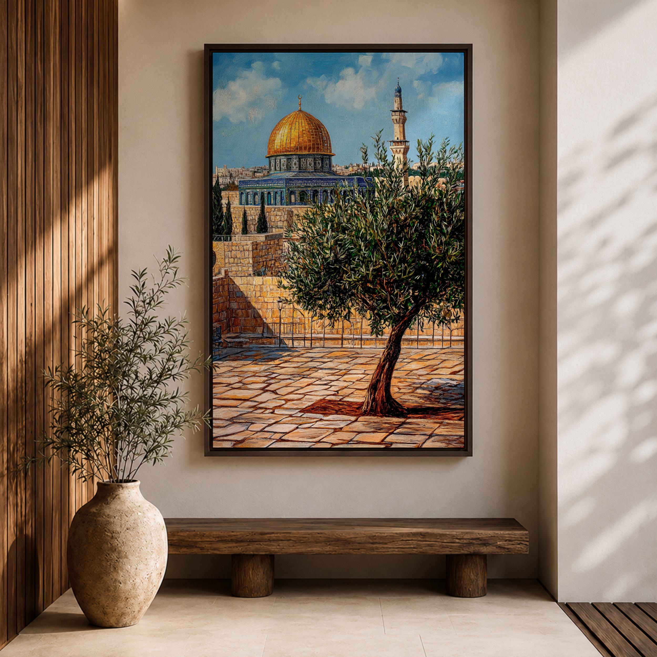 Masjid Al Aqsa Wall Art Olive Tree Framed Canvas Palestine Golden