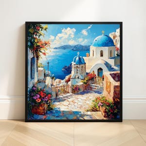 Santorini Greek Island Art Print: Blue Dome Church Coastal Mediterranean Landscape (Digital Download)