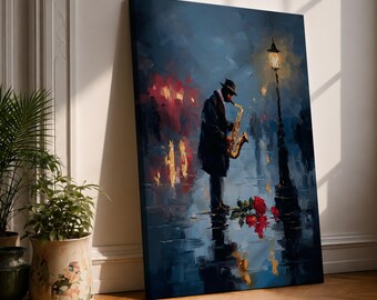 Saxophone Wall Art Rainy Night Framed Canvas Romantic Jazz Street Music Decor