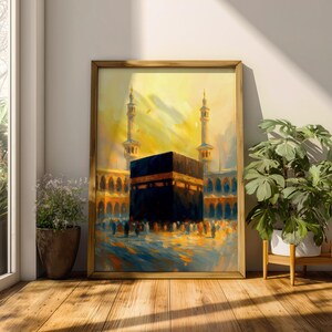 Kaaba Wall Art Golden Hour Framed Canvas Masjid al-Haram Textured Islamic Home Decor
