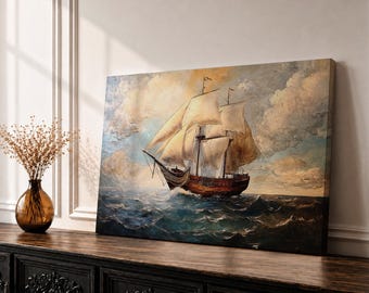 Sailing Ship Wall Art Galleon Framed Canvas Ocean Seascape Coastal Nautical Vintage Home Decor