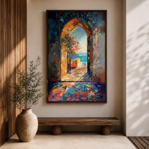 This impasto style painting depicts a Moroccan archway opening to a vibrant ocean view with bright sunlight illuminating textured stone walls and colorful mosaic floor tiles, capturing the essence of Moorish architectural design and coastal cultural scenery.