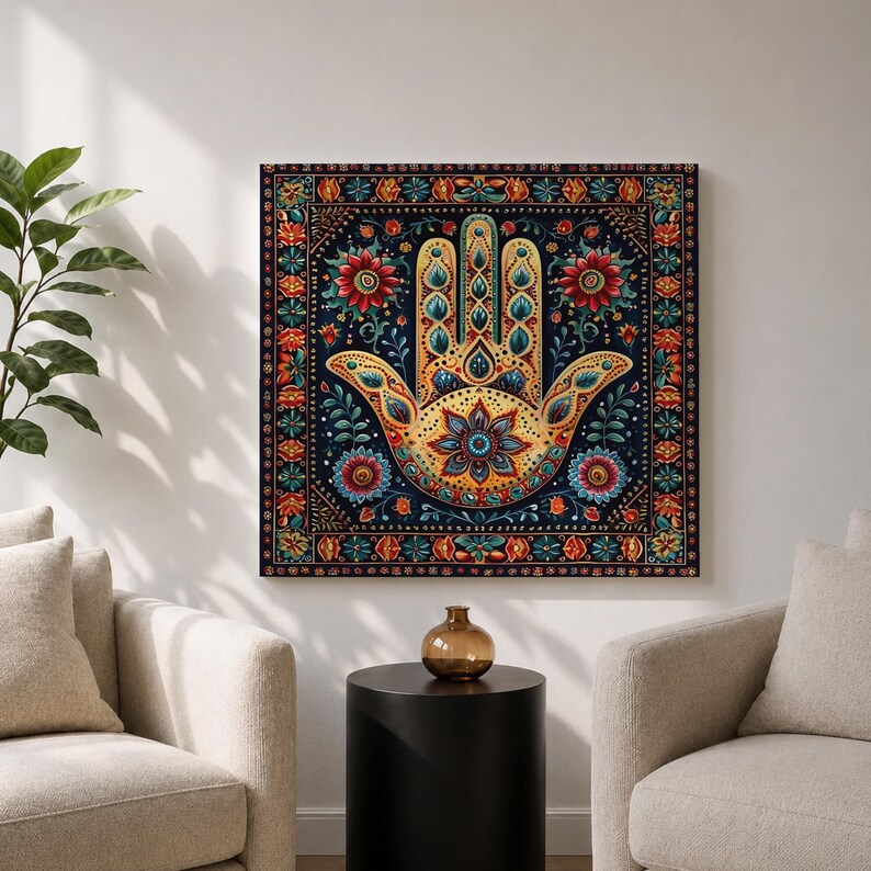 Hamsa Hand Wall Art Evil Eye Framed Canvas Khamsa Persian Boho Protection Home Decor