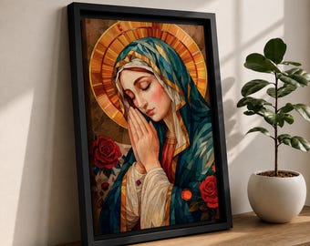 Virgin Mary Wall Art Prayer Pose Framed Canvas Madonna Mosaic Catholic Home Decor
