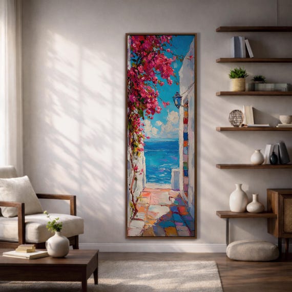 Santorini Long Narrow Vertical Wall Art Greek Island Village Gift Living Room Home Decor