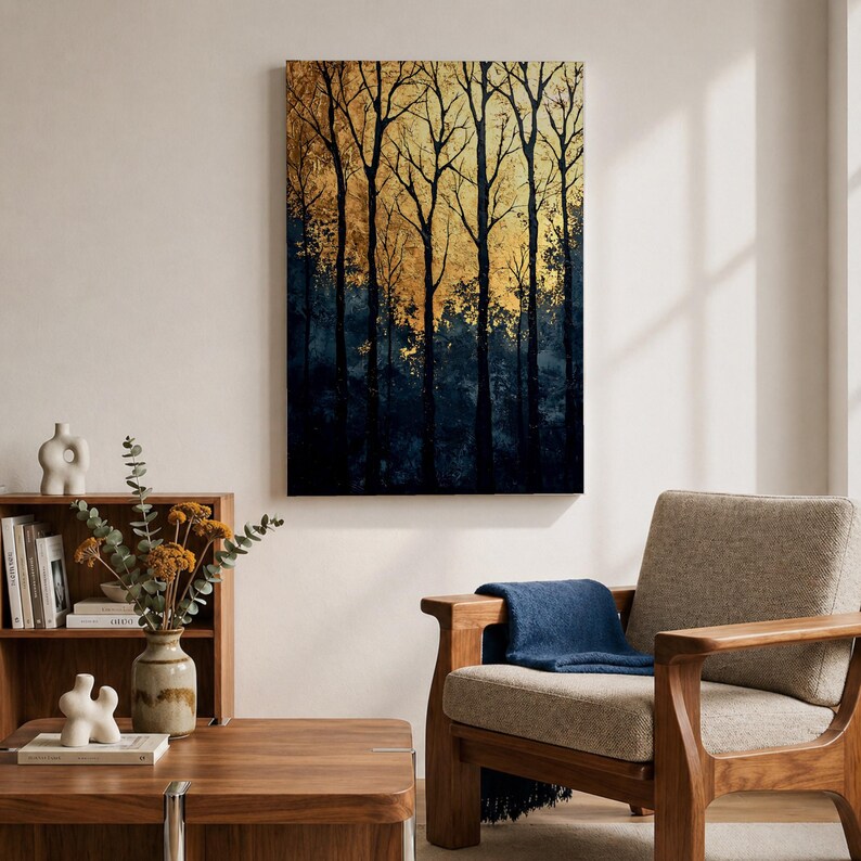 A framed vintage-style artwork depicting tall, bare trees in a forest with a textured golden background. The composition highlights the silhouette of woodland trees against a warm, aged backdrop, blending natural landscape elements with a nostalgic vintage aesthetic.