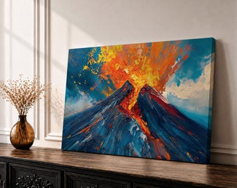 Volcano Wall Art Vulkanausbruch gerahmte Leinwand Lava Magma Impasto Landschaft Naturdekor