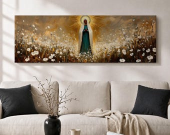 Virgin Mary Canvas Print, Neutral Impressionist Painting, Catholic Floral Art, Long Horizontal Wall Decor