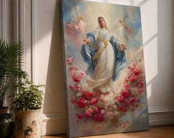 Our Lady of Roses Wall Art Floral Halo Canvas Virgin Mary Catholic Decor