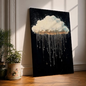 Nuage de pluie, art mural, toile encadrée, bruine surréaliste, décoration de salon minimaliste sombre