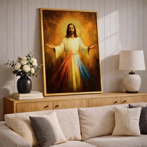 Divine Mercy of Jesus Wall Art Merciful Savior Framed Canvas Catholic Religious Altar Decor