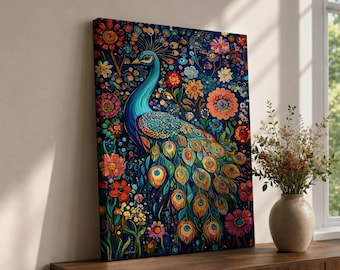 Colorful Peacock Wall Art Canvas Print, Floral Bird Painting, Boho Maximalist Decor, Blue Peacock Artwork, Living Room Wall Decor