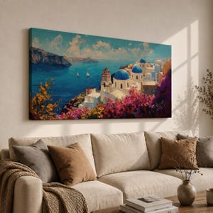 Santorini Panoramic Wall Art Oia Greece Extra Wide Framed Canvas Greek Island Coastal Decor