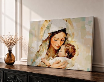 Mother and Baby Canvas Wall Art, Tender Maternity Portrait, Neutral Nursery Christian Home Decor