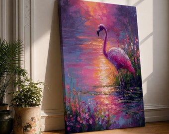 Flamingo Wall Art Sunset Lagoon Framed Canvas Pink Bird Impasto Tropical Home Decor