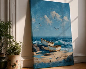 Coastal Boat Canvas Wall Art, Seaside Landscape Painting, Vintage Fishing Boats Print, Ocean Beach Decor, Mediterranean Coastal Wall Art