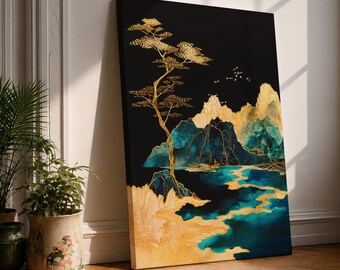 Golden Mountain Landscape Wall Art Abstract Nature Framed Canvas Asian Style Living Room Decor