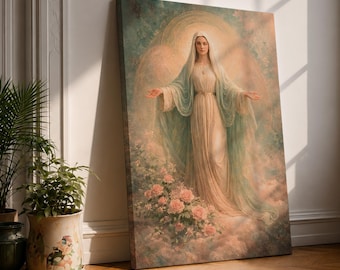 Our Lady of Grace Wall Art Virgin Mary Framed Canvas Vintage Christian Heavenly Decor