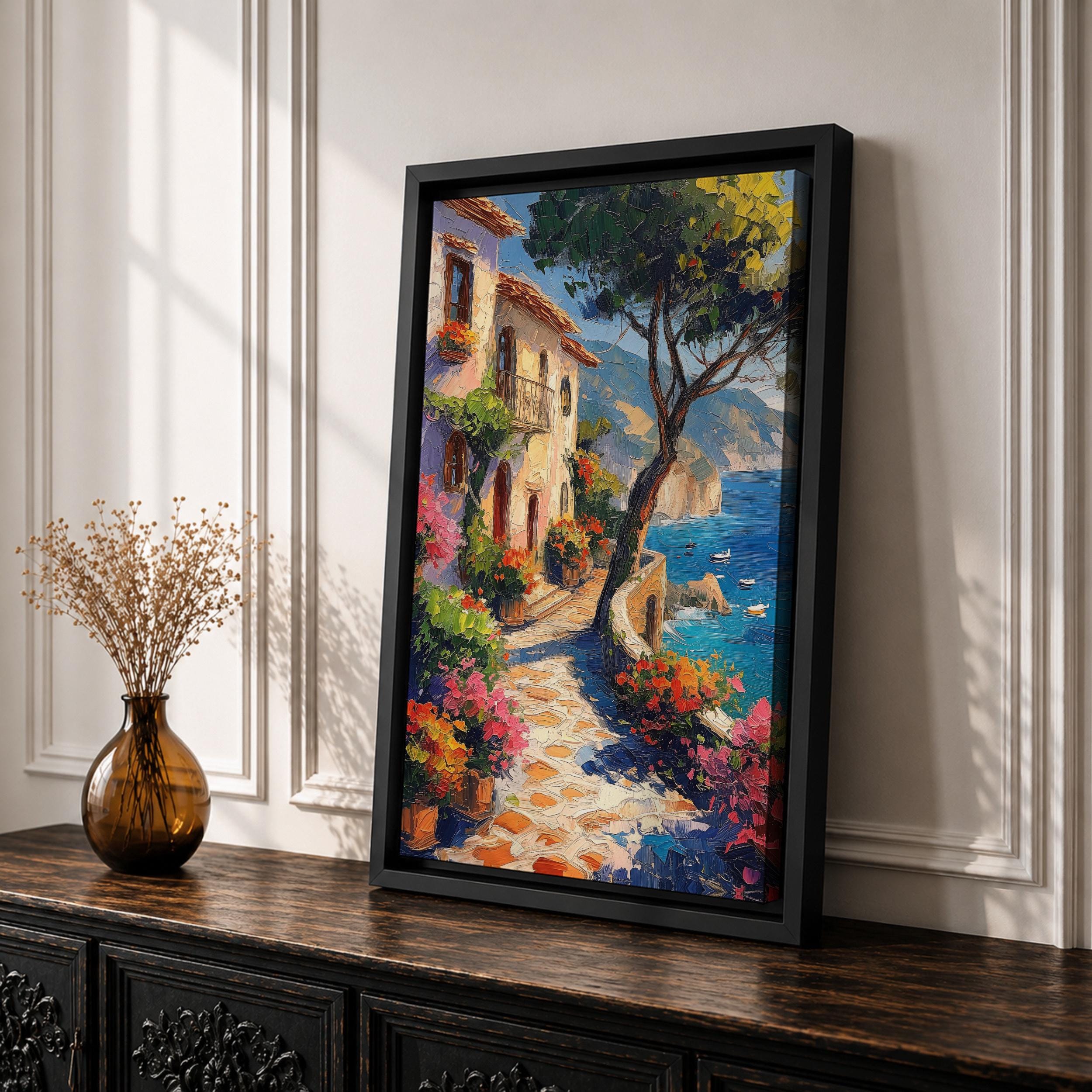 Mediterranean Coastal Village Wall Art Seaside Cliffside Framed Canvas ...