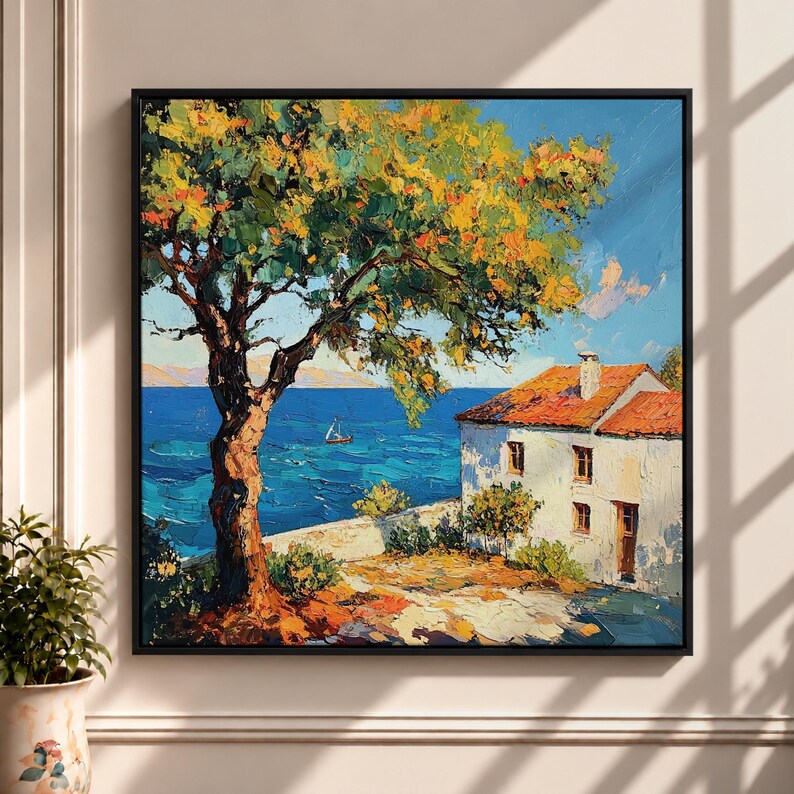 Mediterranean coastal wall art featuring a seaside villa, olive tree, blue ocean, and vibrant impressionist brushstrokes. A colorful summer landscape canvas inspired by European coastal scenery.