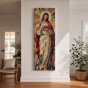 Tall narrow Sacred Heart of Jesus wall art featuring Christ in a colorful mosaic tile style with radiant halo details. Catholic canvas print for prayer rooms, Christian homes, and devotional spaces.