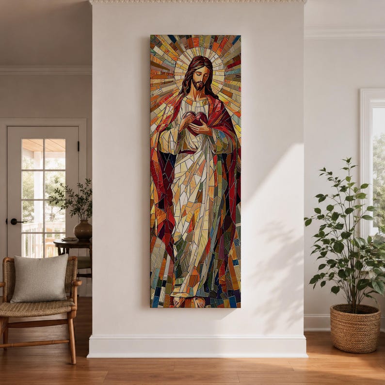 Tall narrow Sacred Heart of Jesus wall art featuring Christ in a colorful mosaic tile style with radiant halo details. Catholic canvas print for prayer rooms, Christian homes, and devotional spaces.