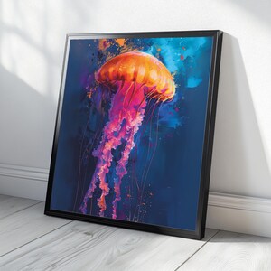Bunte Qualle Wandkunst - Abstrakter Ozean Digitaldruck - Quadratische Unterwasserkunst für Wohnkultur
